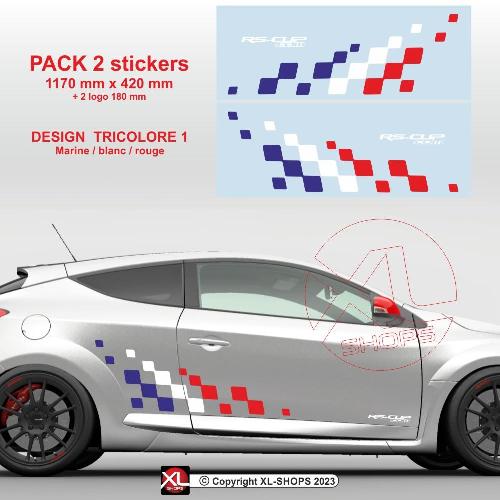 2 stickers tricolore RENAULT RS damiers latéraux Racing 117 cm 